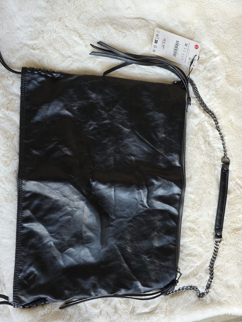 Black Leather Crossbody Bag with Chain Strap